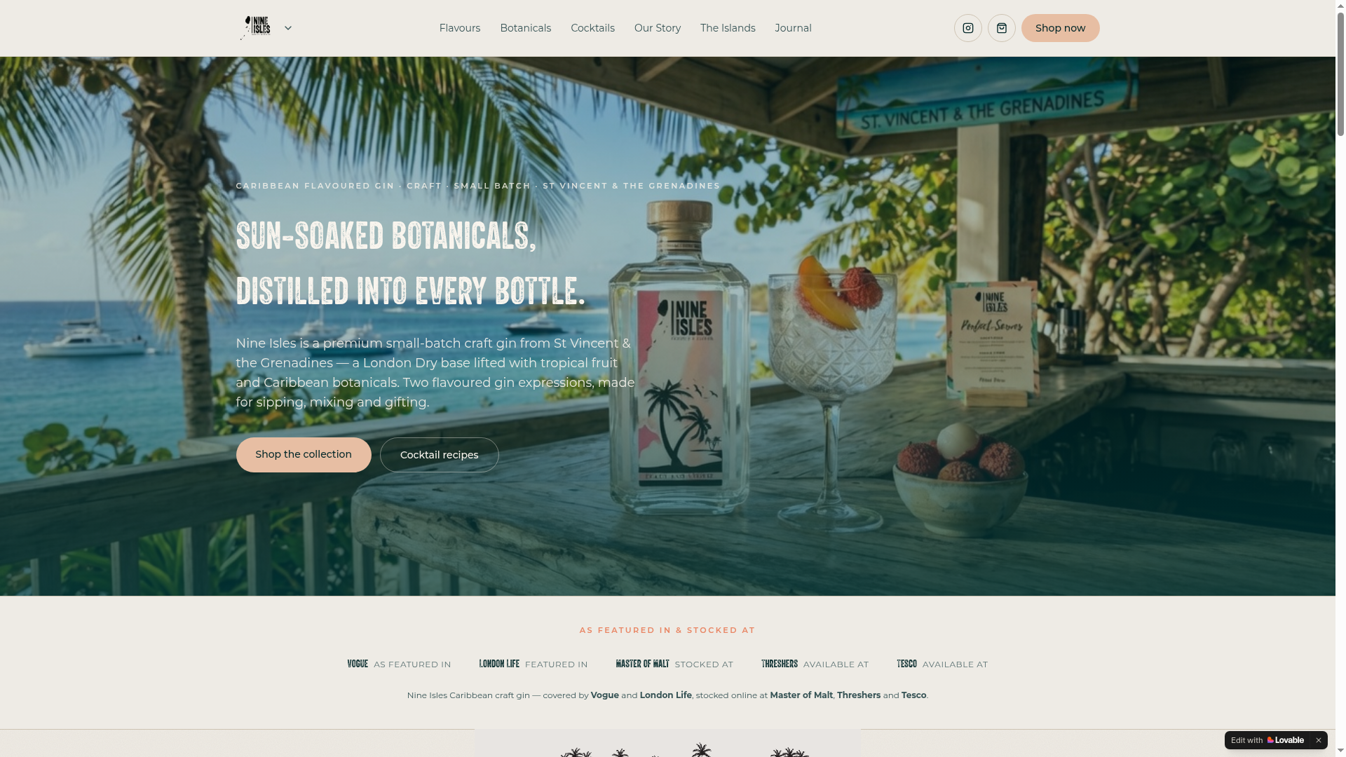 Nineisles Gin homepage — Shopify storefront for craft spirits