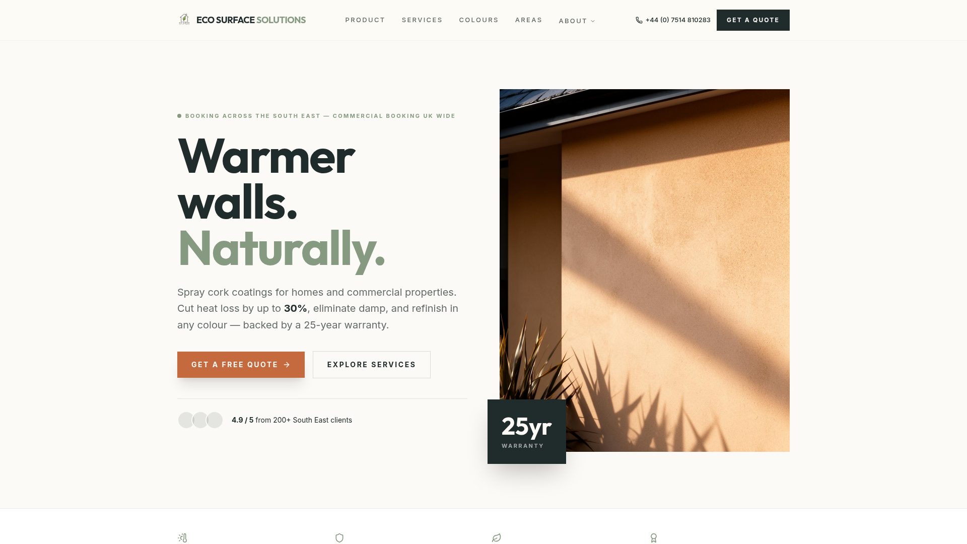 Eco Surface Solutions homepage — spray cork coatings, warmer walls naturally