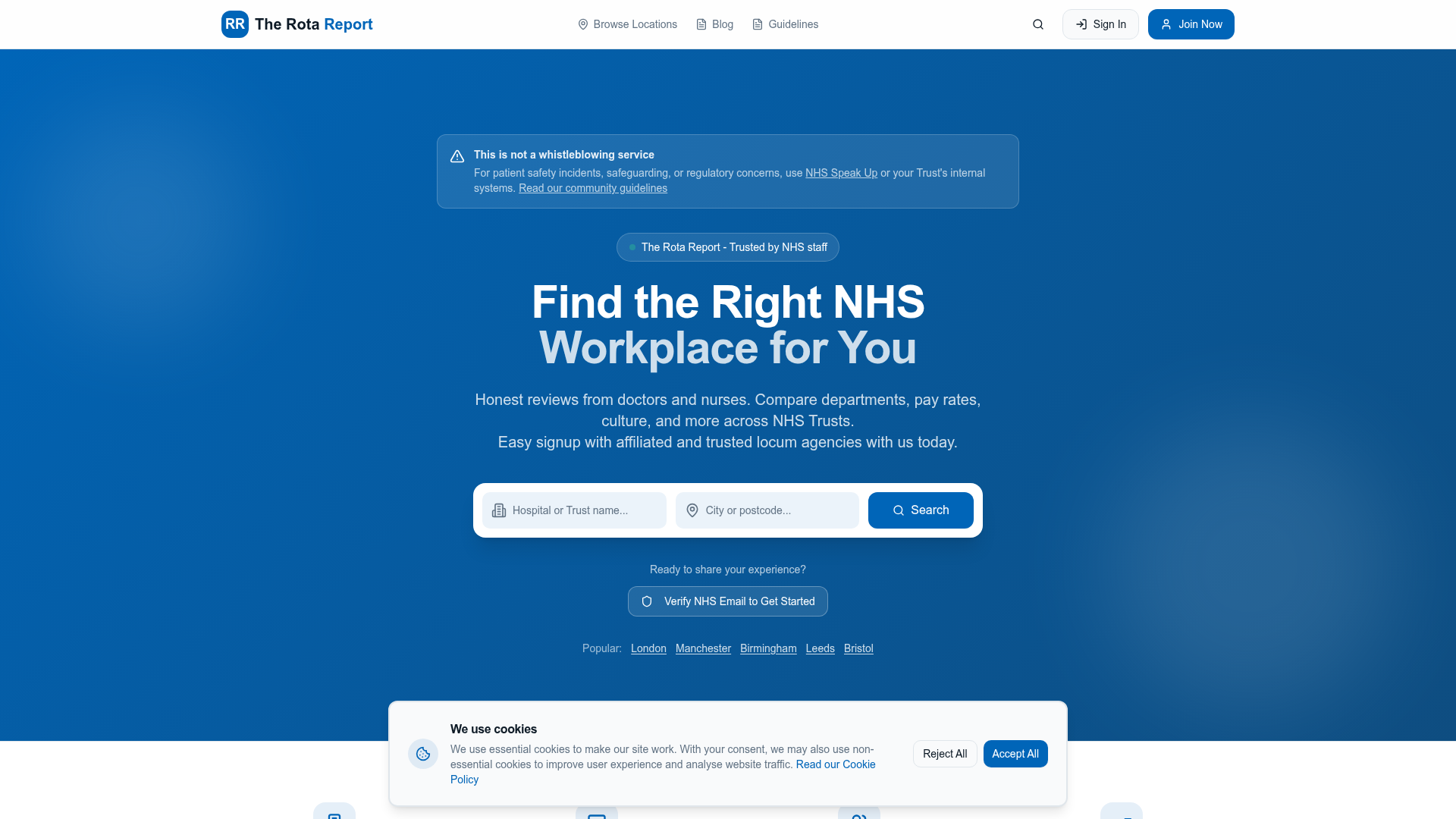 The Rota Report homepage — NHS workplace reviews platform
